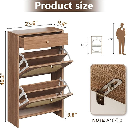 Nicetree Shoe Cabinet for Entryway, Slim Shoe Rack with 2 Flip Drawers and Top Storage Drawer, Narrow Shoe Organizer with Arched Rattan Accent, Entryway Shoe Storage for Size 12 Shoes, Caramel
