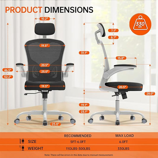 Synorla Office Chair Ergonomic Desk Chair, 330LBS Capacity, High Back Computer Design for Long Hours Comfort, Rolling Swivel for Home Office, Flip-up Armrests(Grey Black)