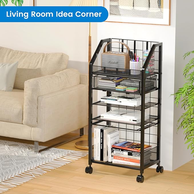 5 Tier Rolling File Cart with Drawer, Metal Office File Cart Organization with Sliding Trays, Teacher Carts with Wheels, Paper Letter Storage Hanging Files Folders for Workspace,Home,School Classroom