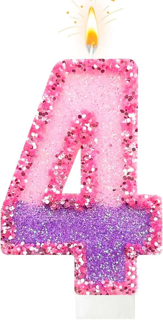 Birthday Number Candles for Cake, Pink Purple Glitter Number Candles for Cake Toppers, Ideal Birthday Parties Cake Decor, Wedding Anniversary and Other Celebrations (4 Candle)