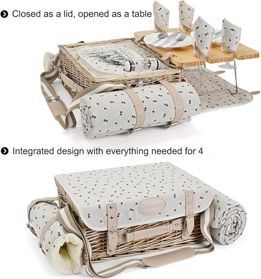Multifunctional Wicker Picnic Basket Set for 4 with Blanket and Picnic Table, Insulated Picnic Set with Full Tablewares for Camping Outdoor Couples,Cherry