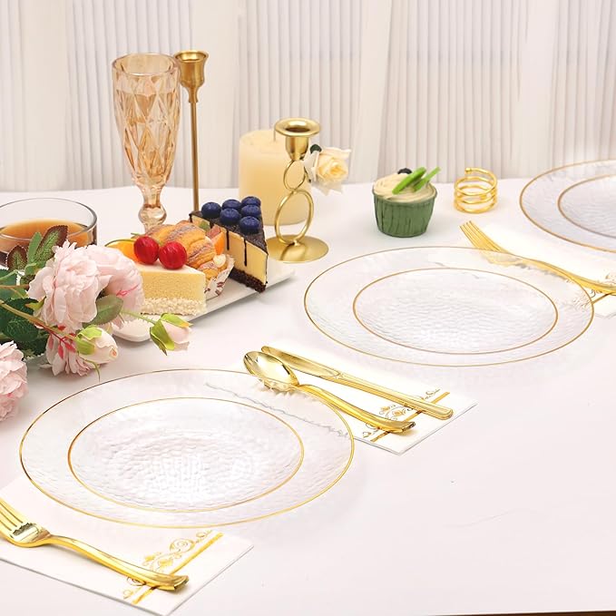 150 Pcs Plastic Dinnerware Set Disposable for 25 Guests - Clear Plates with Gold Trim, Fancy Plastic Plates for Party Wedding Birthday Christmas