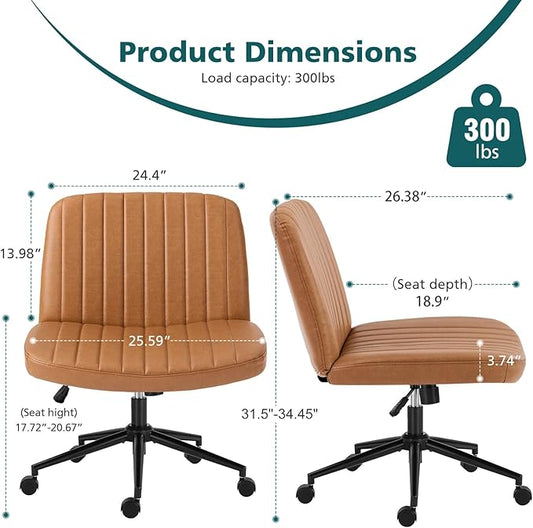 OLIXIS Criss Cross Chair with Wheels Wide Cross Legged Office Desk Vanity Chair Comfy Fabric Armless Adjustable Swivel for Home Computer Task PU Brown