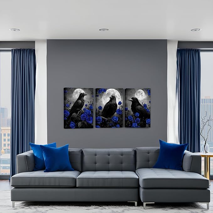 LevvArts Crow Canvas Wall Art Gothic Crow with Rose Painting Spooky Pictures Bathroom Bedroom Wall Decor (Blue)