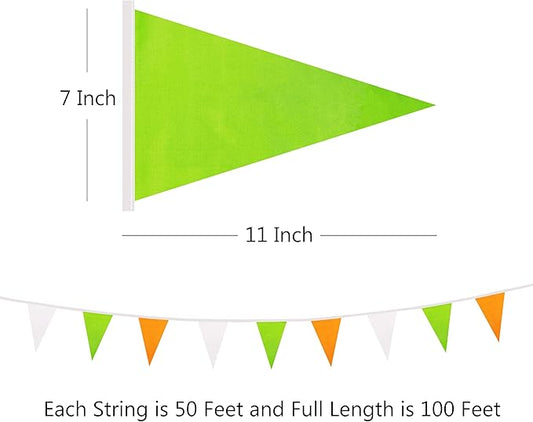 100 Ft White Green Orange Pennant Banner Flag, 60 Pcs String Hanging DIY Bunting Flags for Party, School, Birthday, Wedding, Carnival, Celebrations, Outdoor and Indoor Decorations (White Green Orange)