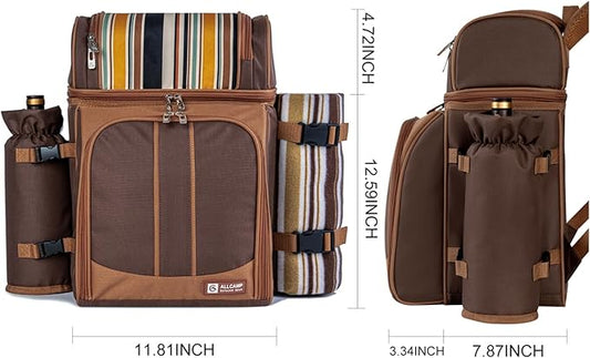 ALLCAMP Picnic Basket Backpack Cooler for 4 Person with 2 Insulated Cooler Bag, Detachable Bottle/Wine Holder, Fleece Blanket, Plates and Cutlery for Family,Couple,Friend Gatherings and Gifts (Brown)
