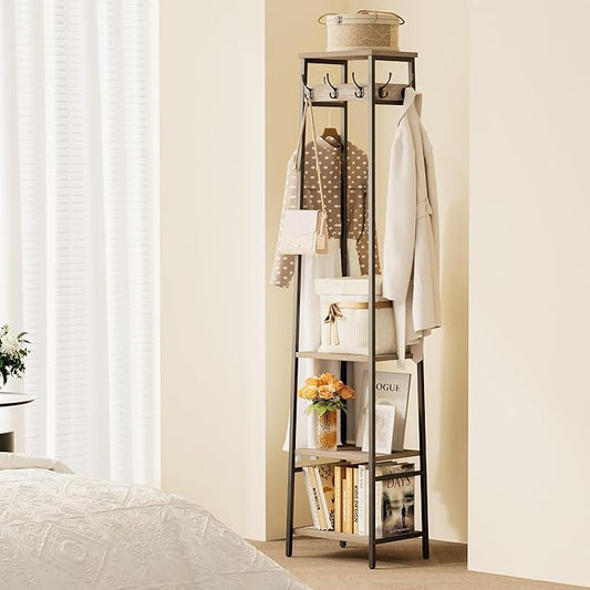 Coat Rack Freestanding, Coat Stand with 3 Shelves and 7 Hooks, Hall Tree Free Standing, Clothes Rack Stand Organizer, Industrial Style, Greige and Black