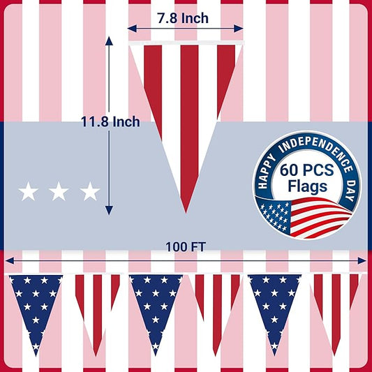 100FT 4th of July Decorations, 60Pcs 7.8 x 11.8 Inches Pennant American Flags for Outside, Pre-Assemble Patriotic 4th of July Banner for Fourth of July Accessories Independence Day Patriotic Decor