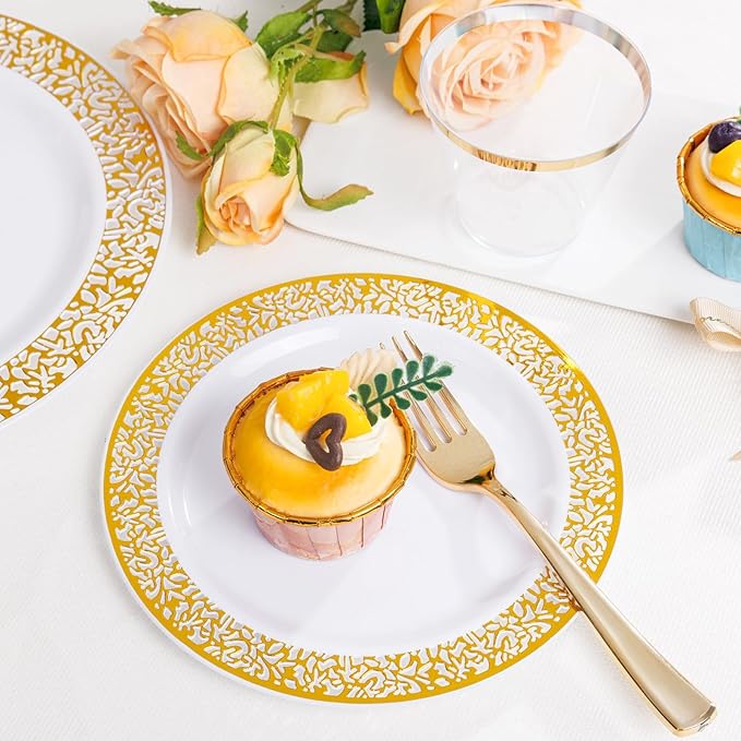 WELLIFE 100 Guests Dinnerware Sets, Gold Plastic Plates,Platos Para Fiestas Elegantes Desechables Include:100 Dinner Plates,100 Dessert Plate,400 Pcs Gold Plastic Silverware, 100 Cups for Party