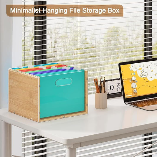 Hanging File Organizer, Clear Acrylic File Box Organizer, Bamboo Filing Box File Crate Organizer Storage Boxes, Portable Filing Folder with Handle for Letter Size