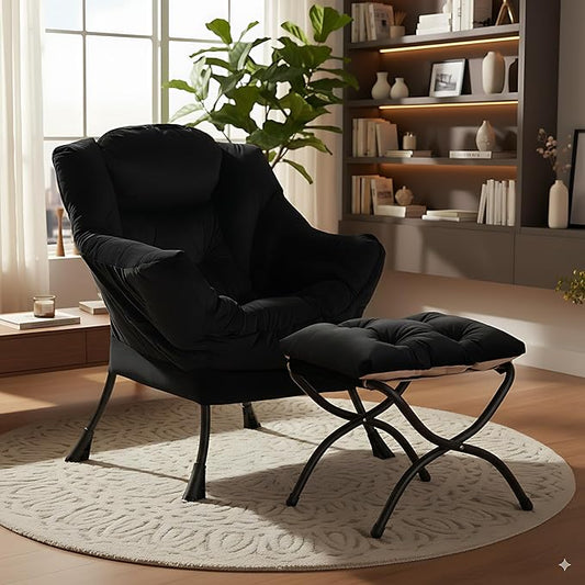 LITA Lazy Chair with Ottoman, Modern Accent Leisure Upholstered Sofa Chair, Contemporary Lounge Reading Chairs with Armrests and a Side Pocket for Living Room, Bedroom & Small Space, Black