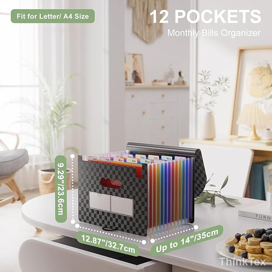 ThinkTex Accordion File Organizer, 12 - Pocket Expanding File Folders for Paper Receipts, Bills & Taxes Organizer, Portable Letter/A4 Size Document Holder for School, Office, Home with Colorful tabs