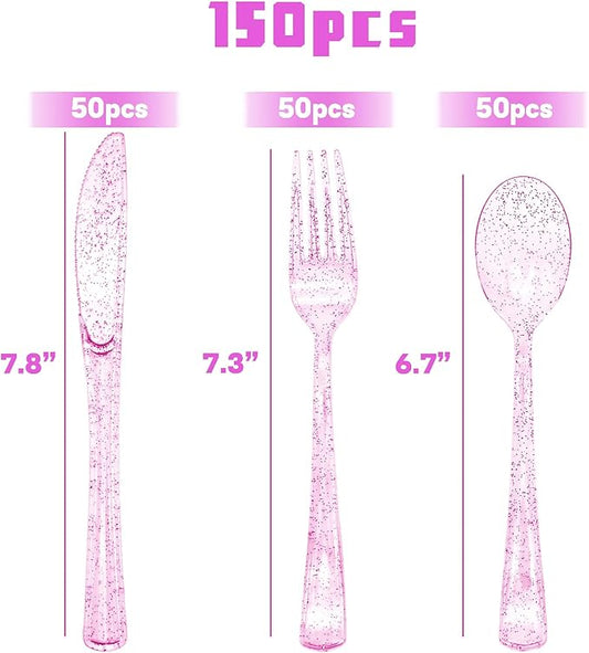 150PCS Purple Plastic Silverware, Purple Glitter Plastic Cutlery Disposable, 50 Forks, 50 Knives, 50 Spoons Heavy Duty, Perfect for Birthday, Wedding, Baby Shower, Picnic