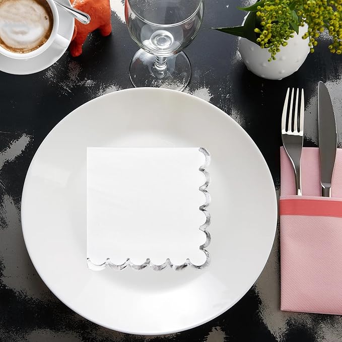 200 Pack White and Silver Paper Napkins Scalloped Cocktail Napkins White Disposable Beverage Napkins for Birthday Baby Shower Wedding Party Supplies Dinnerware Tableware Decorations