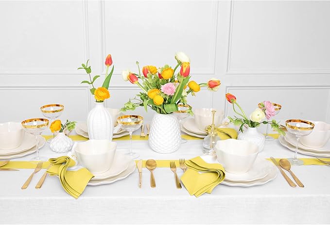 Solino Home Linen Table Runner 108 Inches Long - 100% Pure Linen Sunshine Yellow and White Table Runner 14 x 108 Inch - Contempo