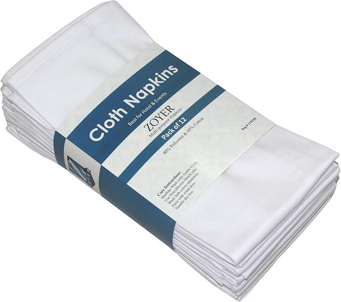 Zoyer Cloth Napkins Set of 12, 18x18 Inches Cotton Enrich Napkins Cloth Washable, Soft & Durable Dinner Napkins for Parties, Wedding, Christmas, Thanksgiving & Everyday Use - White