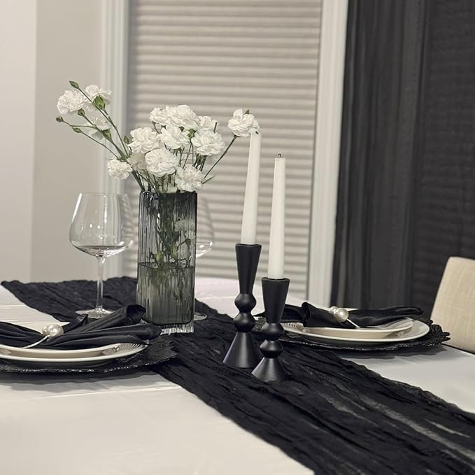 10 Pack Black Table Runner Cheesecloth Sheer Gauze Cheese Cloth Runner 10FT Long Goth Black Table Runner for Wedding Party Baby Shower Birthday Home Decor Holiday Decorations