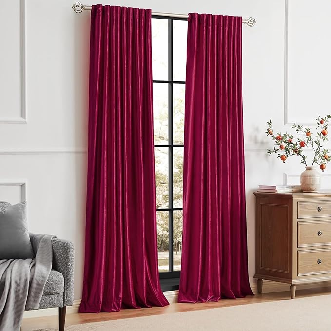 PRIMROSE Red Curtains 102 inch for Living Room Velvet Drapes Blackout Rod Pocket Back Tab Window Treatment Semi Room Darkening Decor Curtains for Bedroom Set of 2 Panels