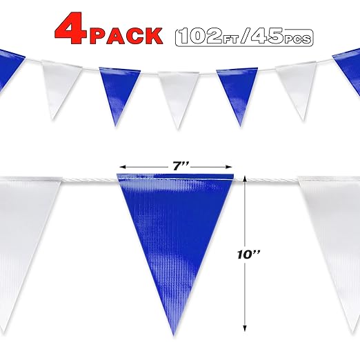 Blue & White Pennant Banner Flags | OSHA 500lb Rated | Strand Fade Resistant 【408FT】