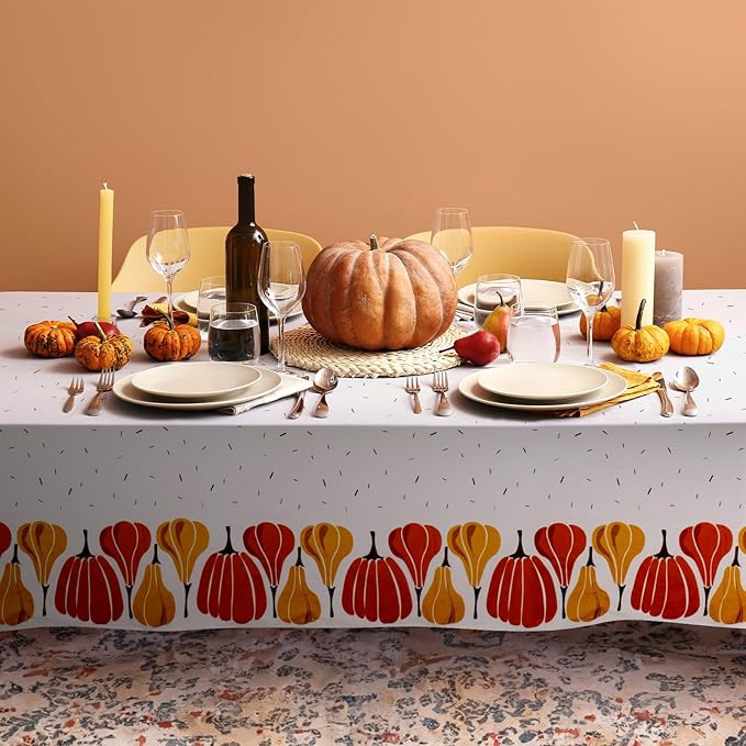 Thanksgiving Tablecloth, 2-Pack Disposable Table Cloths, Pumpkins Plastic Table Covers, 54 x 108 Inches, Thanksgiving Party Decorations