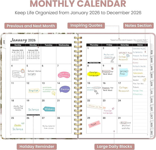 2026 Planner, Weekly and Monthly Planner for Women, Jan 2026 - Dec 2026 Pretty 2026 Calendar Planner with Monthly Tabs, Inner Pocket, Spiral Binding, Perfect for Office Home School - 6.3" x 8.5", Pastel Floral