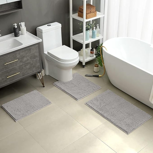 HOMEIDEAS 3 Pieces Bathroom Rugs, Ultra Soft Non Slip Absorbent Chenille Toilet Bath Mat Set (Light Grey)
