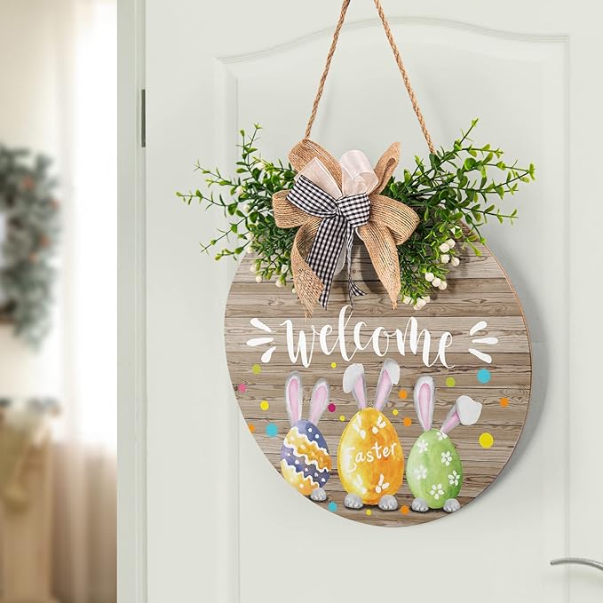 Harooni Easter Welcome Sign, Wooden Hanging Sign, 12" x 12", Brown, Rustic, Round, Easter Theme, DECORATIVE SIGNAGE, Hanging, 0.6mm Thick