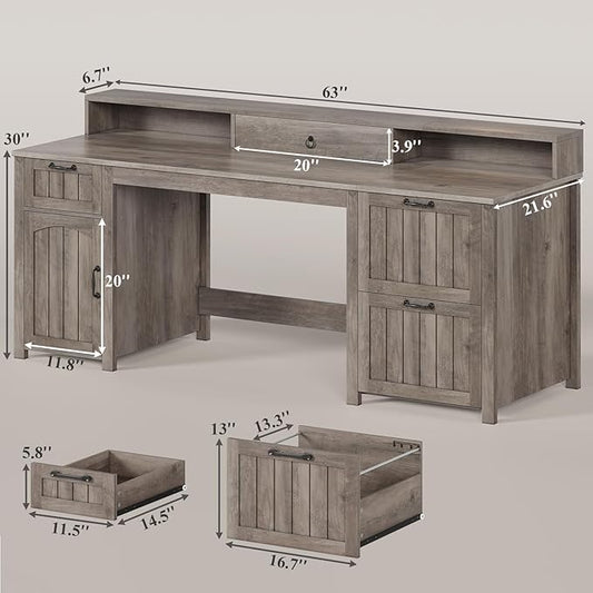 SEDETA Farmhouse 63" Executive Desk, Wood Computer Desk with Drawers and Storage Cabinet, Home Office Desk with File Drawer and Monitor Stand, Wood Desk for Work Study Writing, Grey