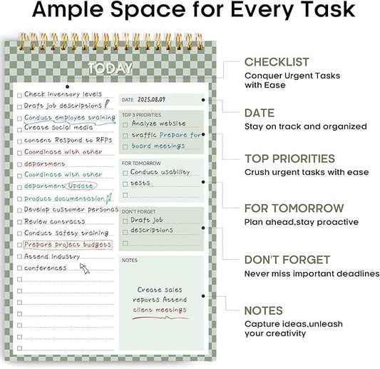 Taja To Do List Notepad - To Do List Notebook for Work with 52 Sheets, 9.8" x 6.5", Undated Daily Planner Perfect for Daily Tasks and Goal Setting, Notepad Suitable for Office, Home & School - Mint Checkered