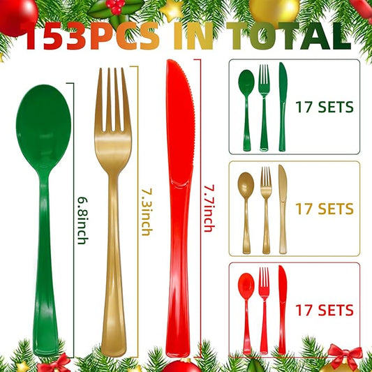 153 Pcs Christmas Plastic Silverware Heavy Duty Disposable Tableware Sets Includes Spoons Forks Knives for Christmas Party Supplies (Red Green Gold)