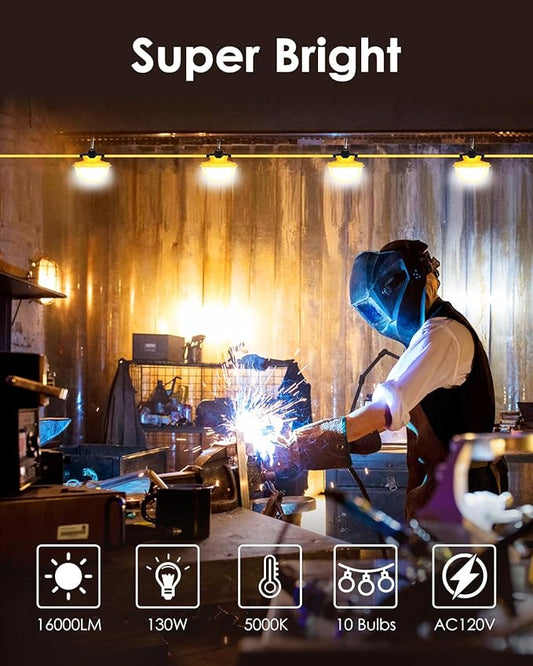 100FT LED Construction String Lights - 3 Prong, 130W 16000LM Plug in Linkable String Work Lights, 5000K Weatherproof Temporary Lighting for Construction Sites, Jobsites, Indoor & Outdoor, UL Listed