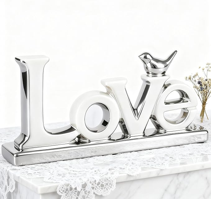 Love Sign Decoration,White and Gold Love Signs for Home Decor Statue,Modern Bird Sculpture Personalized Love Decor,Gold Style Figurine Decorative Ornaments for Living Room,Bedroom,Desktop (silver)