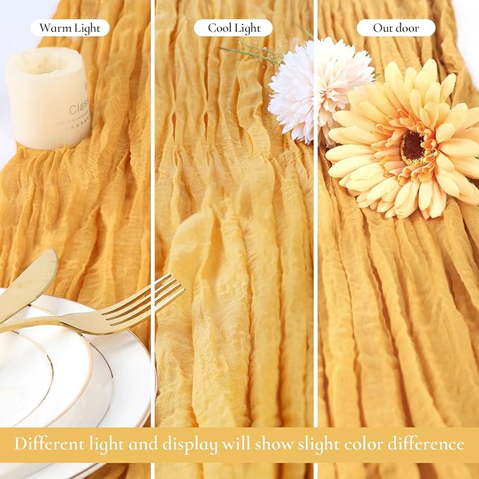 12 Pack Gold Cheesecloth Table Runner Fall Thanksgiving 35x120 Inch Mustard Yellow Cheese Cloth Runner 10FT Boho Rustic Gauze Table Runner for Wedding Party Baby Shower Birthday Decor