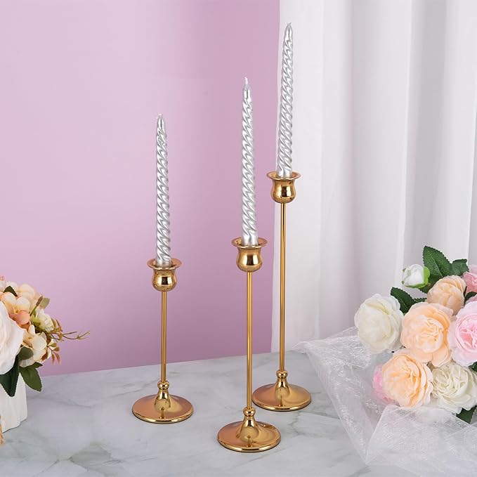 Metal Candle Holder Taper Candlestick Holders for Candle Sticks Vintage Candelabra for Halloween Thanksgiving Christmas (Gold, 2 Sets (6 pcs))