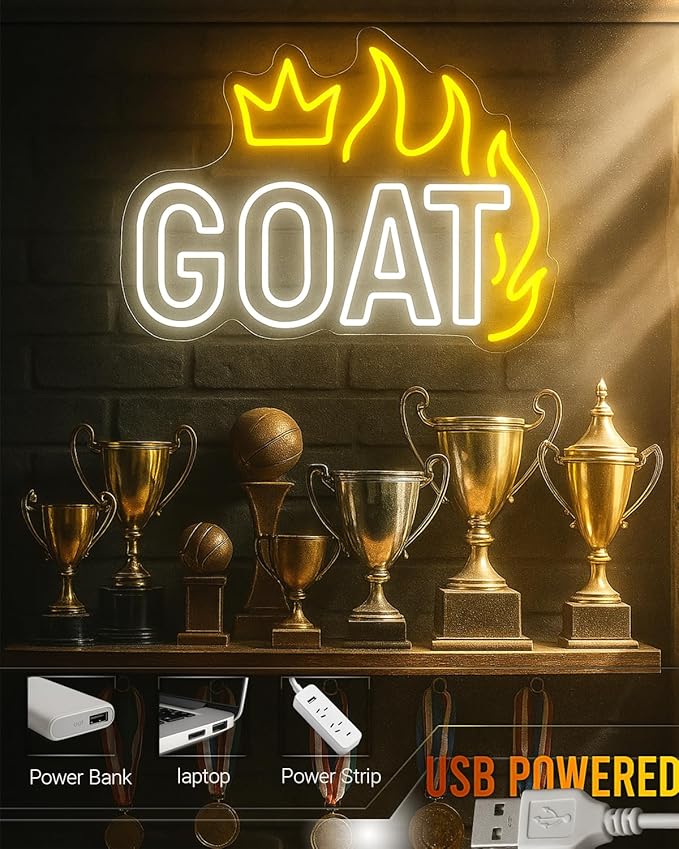 GOAT Neon Sign LED Wall Light, 17×11.8 Inches Dimmable USB Powered Cheer Sign Decor for Gym, Bedroom, Game Room, Man Cave, Sports Fan Gift
