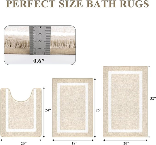 Pauwer Bathroom Rugs Sets 3 Piece Bathroom Shower Rugs with U-Shaped Contour Toilet Mat Absorbent Microfiber Plush Bath Mats Non Slip Bath Rugs Machine Washable Shaggy Bath Floor Mats, Light Beige