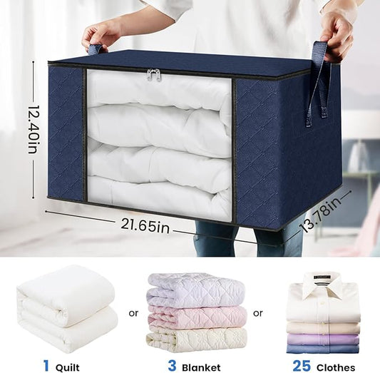 Fab totes Storage Bags,Clothes Blanket Storage Bins Foldable Closet Organizers with Reinforced Handle for Home Dorm Storage and Organization,Fabric Bags for Organizing Sheets,Clothing (Blue,4 Pack)
