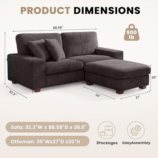 DOPEDIO L-Shaped Sectional Sofa with Storage Ottoman, Modern Chenille Recliner Loveseat, Removable Couch Covers, Pocket Spring Cushions, Solid Wood Frame, Easy to Install (88.58inch, Dark Grey)