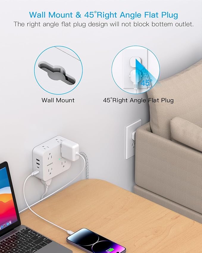 Flat Plug Extension Cord with Multiple Outlets, HANYCONY 1080J Surge Protector Power Strip with 8 AC Outlets 4 USB Ports (2 USB-C), 3-Sided Outlet Extender Ideal for Home Office Dorm Room Essentials