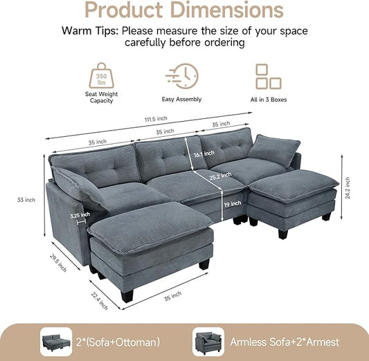 Modular Sectional Sofa, 111.5" U-Shaped Corduroy Comfy Sectional Couches for Living Room, 3-Seater Cloud Couches with 2 Movable Ottomans, Flexible Combination Modern Deep Seat Sofa (Grey)