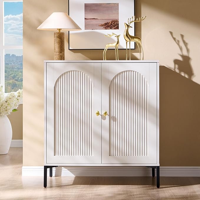 Modern Buffet Cabinet with Storage, 34" Tall Fluted Arched Sideboard Cabinet w/Adjustable Shelves, Wooden Modular Coffee Bar for Dining Room, Kitchen, Living Room, Entryway, White