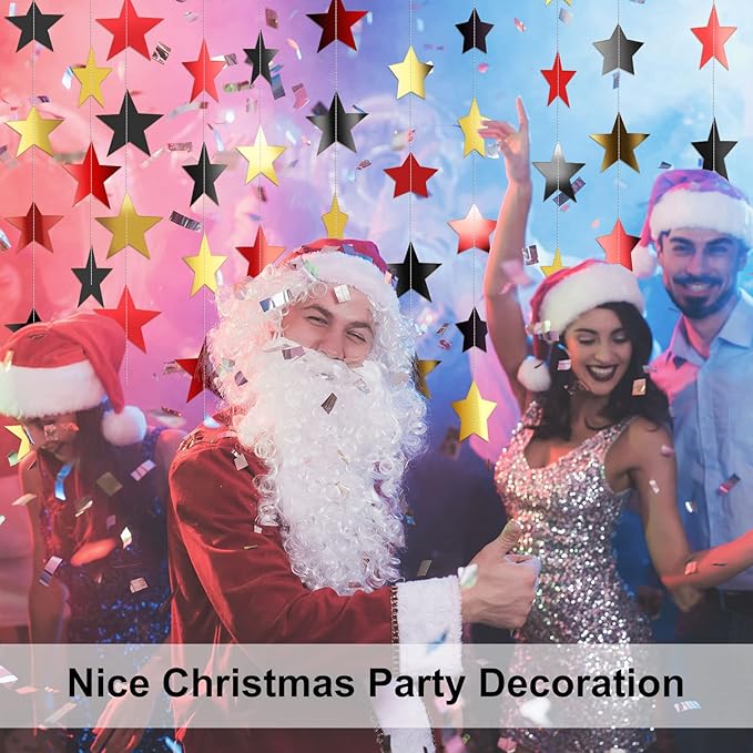Patelai Glitter Star Garland Banner Christmas Decor 130 Feet Star Hanging Bunting Banner Twinkle Backdrop for Homecoming Classroom Wedding Birthday Halloween Party Supplies(Red, Black, Gold)