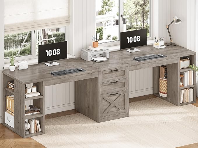 SEDETA Farmhouse 96.5" Computer Desk with Drawers, 2 Person Home Office Desk, Gaming Double Desk with Storage Shelves, Long Two Person Writing Desk (Grey)