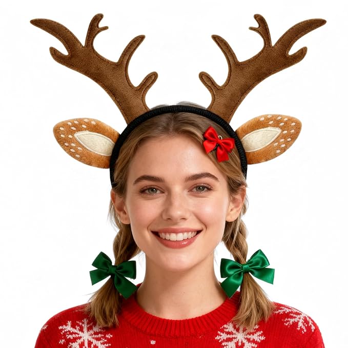 Reindeer Antlers Headband for Women - Cute Fluffy Deer Ears Realistic Headband, Christmas Party Cosplay Accessories Costume Supplies