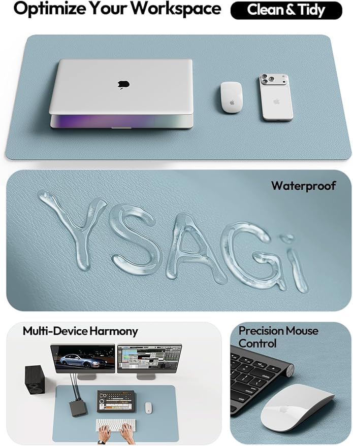 YSAGi Leather Desk Protector, Office Mat, Large Mouse Mat, Non-Slip PU Leather Blotter, Laptop Pad, Waterproof Writing Pad for Office and Home (Ice Blue, 35.4" x 17")