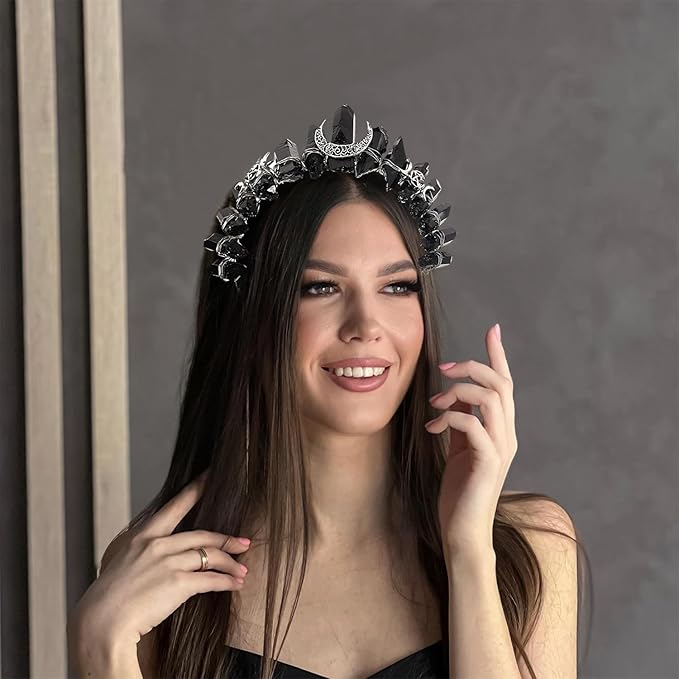Black Natural Quartz Tiara Headband, Rhinestone Crown Headwear Halloween Masquerade Party Headpiece for Women Girls