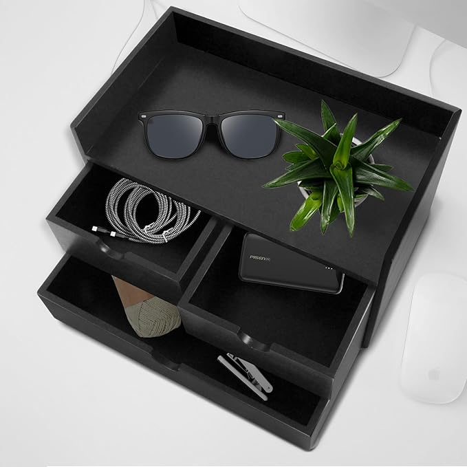 Bamboo Desk Organizer 3 Drawer with Shelf, Countertop Organizer with Drawers Makeup Storage Drawer 3 Drawers Tabletop Storage Organization Box Home Office Workspace(Black)