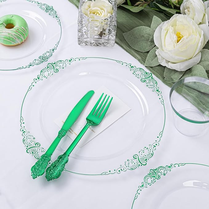 Hioasis 175pcs Clear Green Plastic Plates - Elegant Disposable Dinnerware Set Suitable for 25 Guests Include 10.25" Dinner & 7.5" Dessert Plates, Pre Rolled Silverware Set, Cups for Party & Christmas