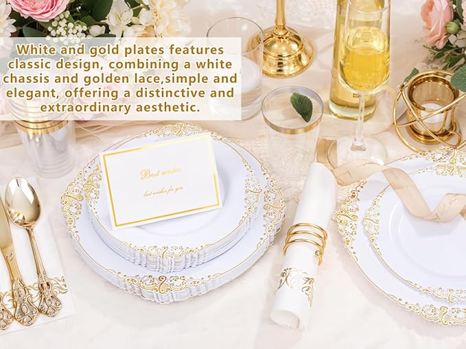 YOUBET 700PCS Gold Plastic Dinnerware Set - White and Gold Disposable Plates for 100 Guest - 200 Disposable Plates, 300 Heavy Duty Plastic Silverware, 100 Cups,100 Napkins for Wedding Thanksgiving
