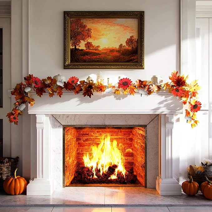 3 Pack Fall Garland for Mantle - 5.6Ft Artificial Maple Vine with Pumpkins & Sunflowers, Autumn Fall Decor for Fireplace Thanksgiving Halloween Wedding Farmhouse Indoor Outdoor Porch Decoration